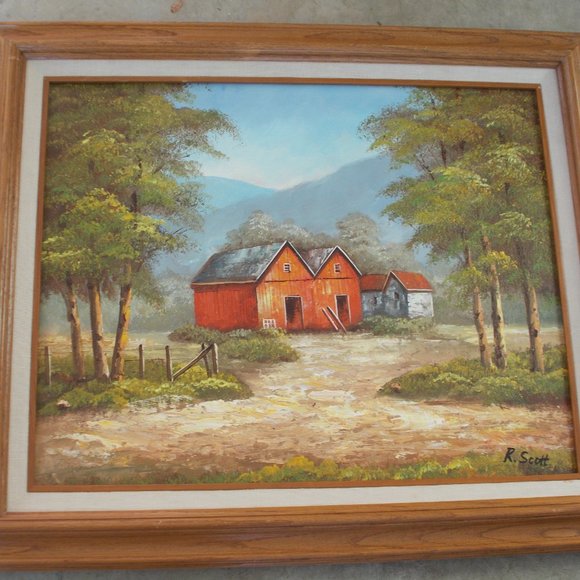Vintage Rustic Barn Scene by R. Scott Signed & Framed Oil Painting - Picture 3 of 4